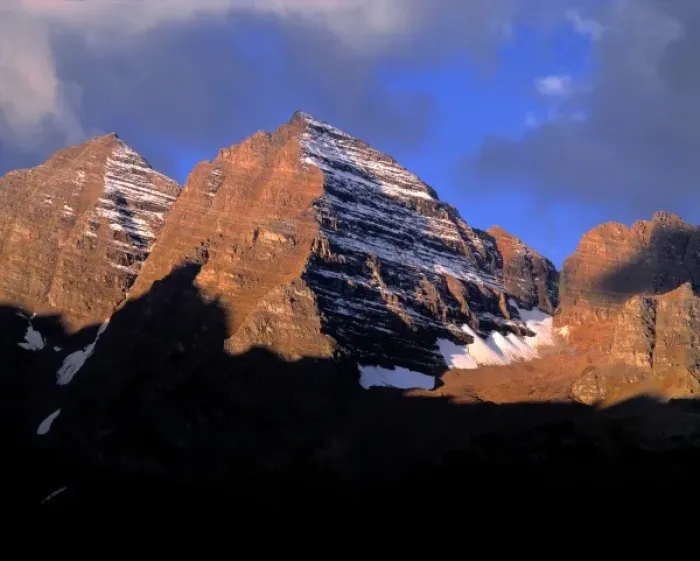 Framed Print : USA, Colorado, Maroon Bells. Both the early light and striations of snow enhance Maroon Bells