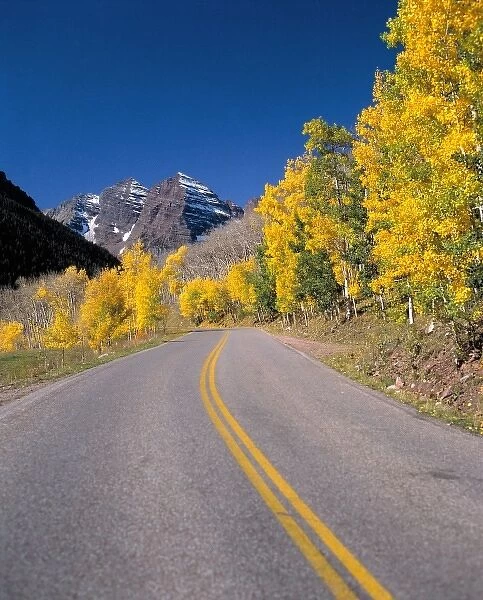 USA, Colorado, Maroon Bells. A lapis sky and golden leaves accentuate the road to Maroon Bells