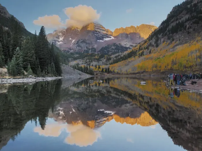 Framed Print : USA, Colorado, Maroon Bells. Mountain lake reflections in autumn sunrise