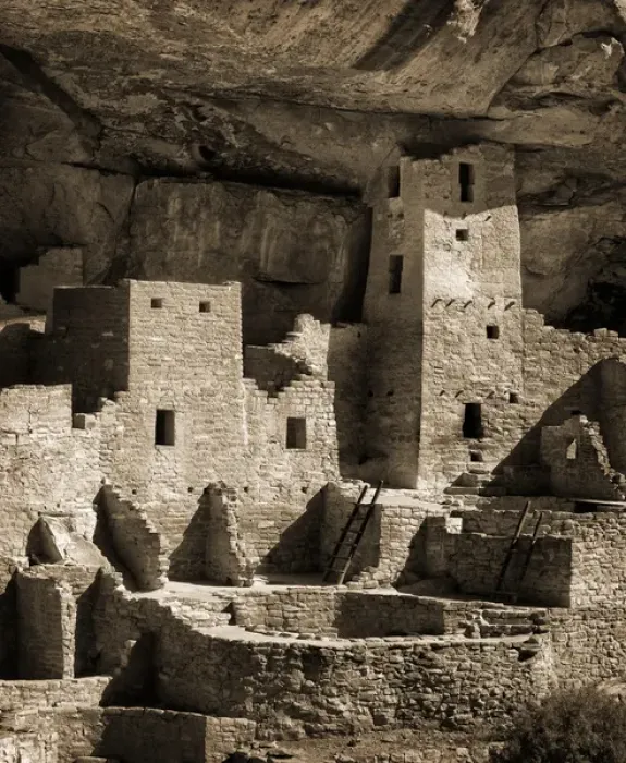 Framed Print : USA, Colorado, Mesa Verde National Park, Cliff Palace ruin, tinted monochrome