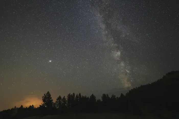 Framed Print : USA, Colorado, Eleven Mile Canyon. The Milky Way galaxy and forest silhouette at night