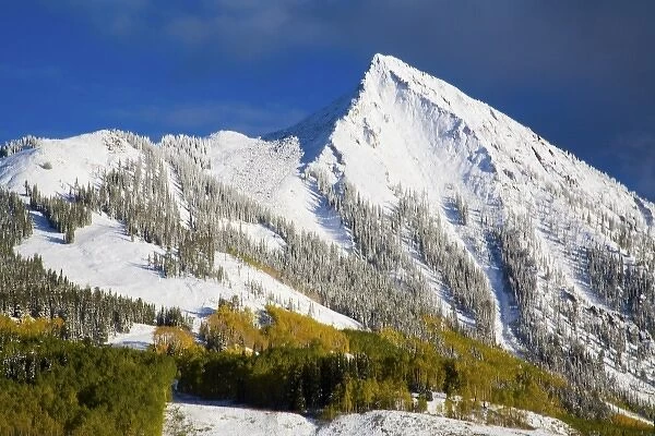 USA, Colorado, Mt. Crested Butte, Mt. Crested Butte After First Snow with Autumn Color