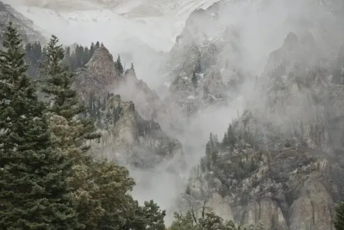 Framed Print : USA, Colorado, Ouray. Fog develops as a snow storm moves into the Uncompahgre River Gorge