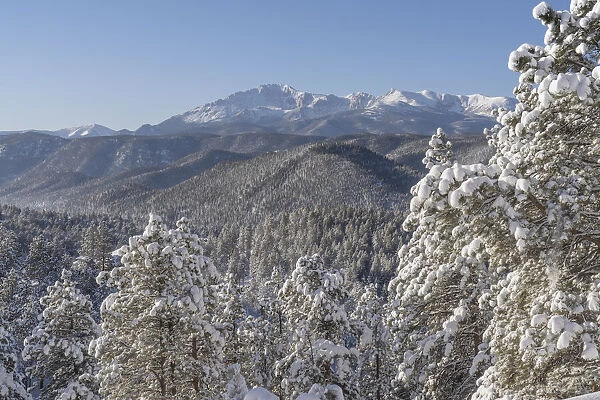 USA, Colorado, Pike National Forest. Distant Pikes Peak and March snowfall on mountains