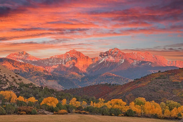 USA, Colorado, Ridgway. Sunset and Dallas Mountain Range autumn