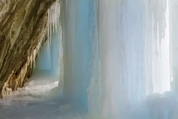 Framed Print : USA, Colorado, Rifle Mountain Park. Ice pillar in limestone cave