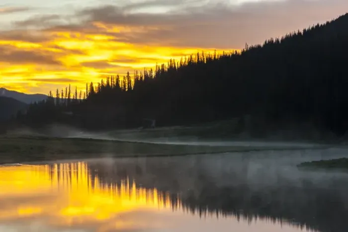 Framed Print : USA, Colorado, Rocky Mountain National Park. Foggy sunrise on Poudre Lake. Credit as Framed Print : USA, Colorado, Rocky Mountain National Park. Foggy sunrise on Poudre Lake. Credit as