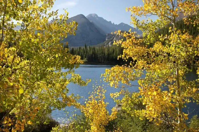Framed Print : USA, Colorado, Rocky Mountain National Park. Autumn landscape of Bear Lake and Longs Peak