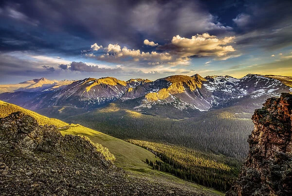USA, Colorado, Rocky Mountain National Park. Mountain and valley landscape at sunset