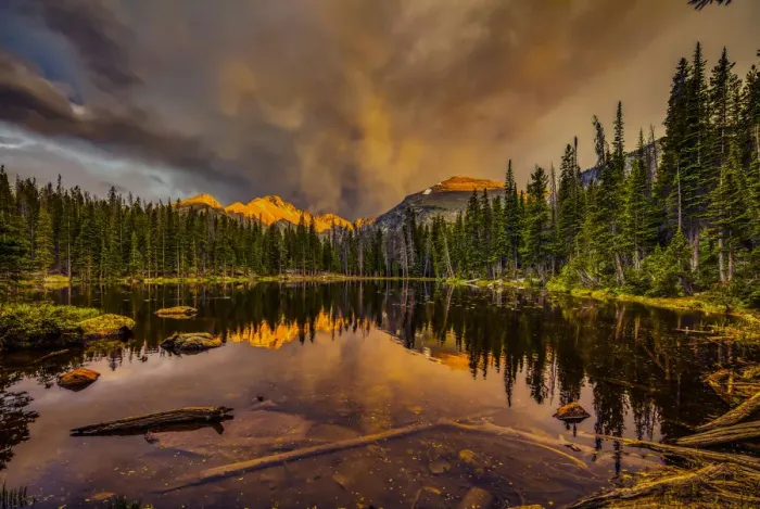 Framed Print : USA, Colorado, Rocky Mountain National Park. Sunset on Nymph Lake and Longs Peak