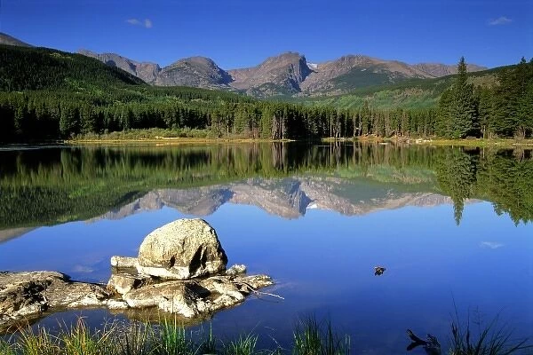 USA, Colorado, Rocky Mountain National Park, Sprague Lake. Reflection of Mountains in Sprague Lake