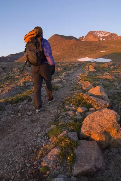 Framed Print : USA, Colorado, Rocky Mountain NP. A female hiker on the path to Longs Peak. (MR) Framed Print : USA, Colorado, Rocky Mountain NP. A female hiker on the path to Longs Peak. (MR)