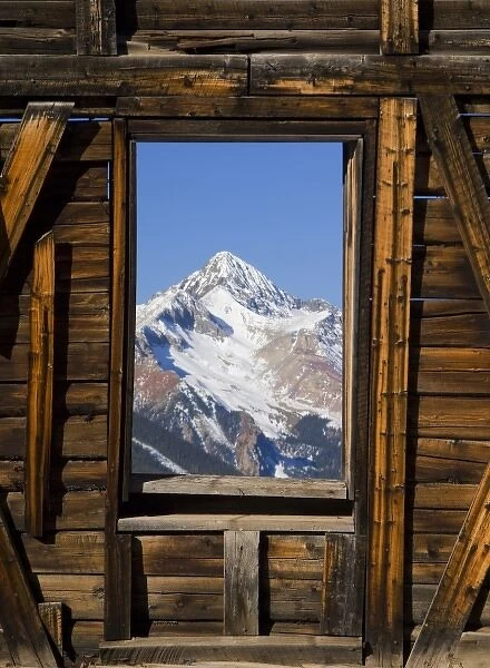 USA, Colorado, Rocky Mountains, San Juan Mountains. The window of a miners cabin