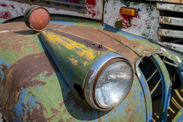 Framed Print : USA, Colorado. Rusty old vintage truck. Headlight detail