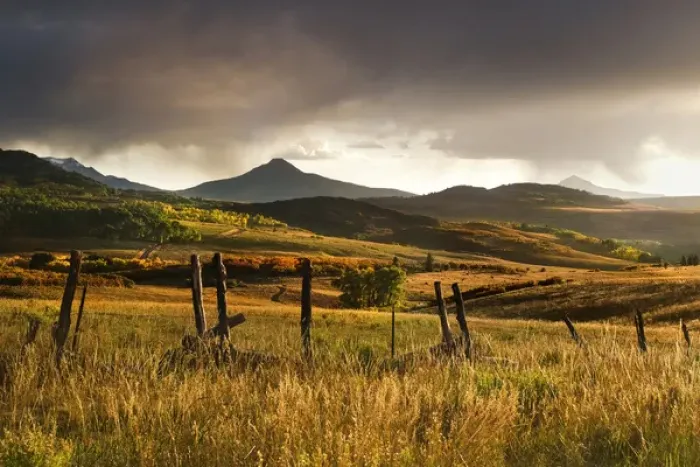 Framed Print : USA, Colorado, San Juan Mountains. Landscape and fence at sunset Framed Print : USA, Colorado, San Juan Mountains. Landscape and fence at sunset