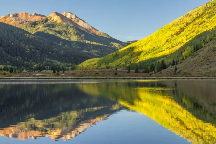 Framed Print : USA, Colorado, San Juan Mountains. Crystal Lake reflection in autumn