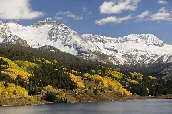 USA, Colorado, San Juan Mountains. Trout Lake is ringed by the snow- covered mountains