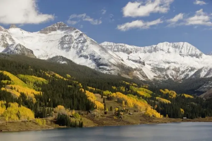 Framed Print : USA, Colorado, San Juan Mountains. Trout Lake is ringed by the snow- covered mountains Framed Print : USA, Colorado, San Juan Mountains. Trout Lake is ringed by the snow- covered mountains