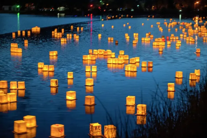 Framed Print : USA, Colorado Springs. Water Lantern Festival on Prospect Lake