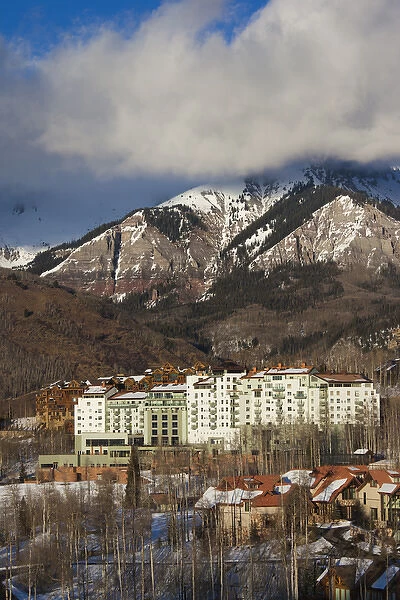 USA, Colorado, Telluride, elevated view of Mountain Village Ski Area and The Peaks Resort