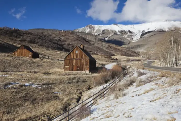 Framed Print : USA, Colorado, Telluride, wood barns, winter
