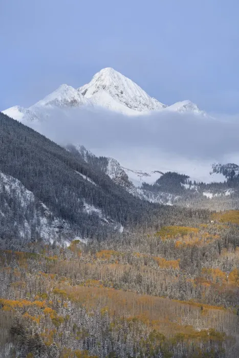 Framed Print : USA, Colorado, Uncompahgre National Forest. Autumn sunrise on Wilson Peak and snowy forest in valley