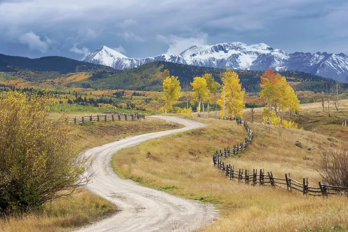 Framed Print : USA, Colorado, Uncompahgre National Forest. Landscape with county road and San Juan Mountains Framed Print : USA, Colorado, Uncompahgre National Forest. Landscape with county road and San Juan Mountains