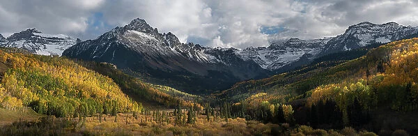 USA, Colorado, Uncompahgre National Forest. Panoramic of Mt Sneffels and forest landscape in autumn