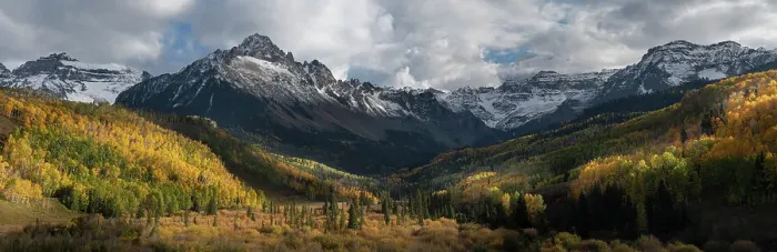 Framed Print : USA, Colorado, Uncompahgre National Forest. Panoramic of Mt Sneffels and forest landscape in autumn