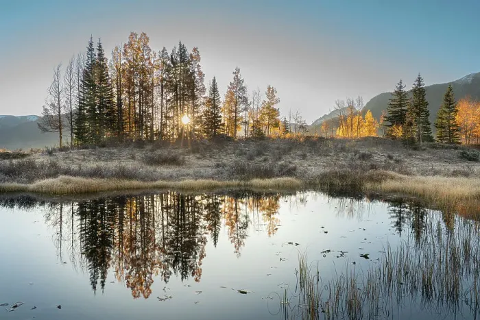 Framed Print : USA, Colorado, Uncompahgre National Forest. Pond reflections on frosty sunrise