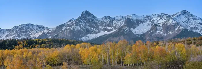 Framed Print : USA, Colorado, Uncompahgre National Forest. Panoramic sunset on aspen forest and Sneffels Range Framed Print : USA, Colorado, Uncompahgre National Forest. Panoramic sunset on aspen forest and Sneffels Range
