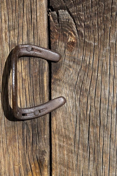 USA, Colorado, Westcliffe. Old wooden barn wall with bent horseshoe handle. (PR)