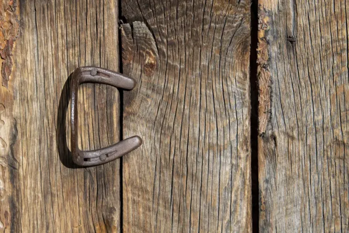 Framed Print : USA, Colorado, Westcliffe. Old wooden barn wall with bent horseshoe handle. (PR)