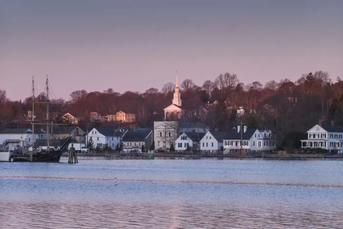 Framed Print : USA, Connecticut, Mystic, houses along Mystic River at dawn Framed Print : USA, Connecticut, Mystic, houses along Mystic River at dawn
