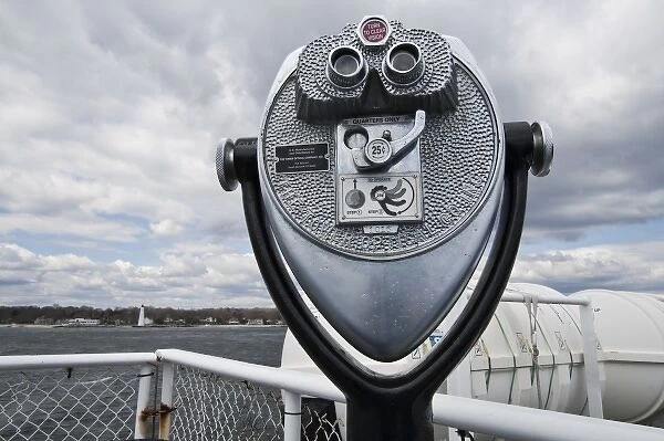 USA, Connecticut, New London. Long Island Ferry, binocculars and New London Harbor Lighthouse