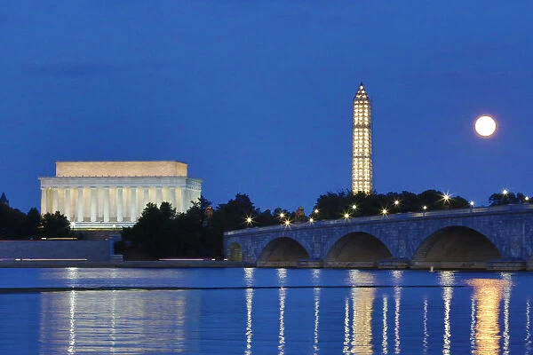 USA, District of Columbia, Washingon, Moon Rising Over the Memorial Bridge and the Lincoln Memorial