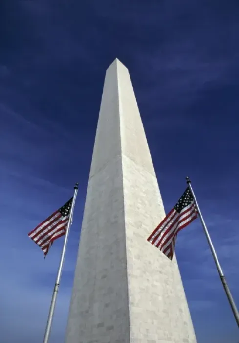 Framed Print : USA, District of Columbia. Waving American flags accent the stately Washington Monument Framed Print : USA, District of Columbia. Waving American flags accent the stately Washington Monument