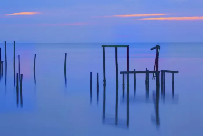 Framed Print : USA, Florida, Apalachicola. Remains of an old dock at sunrise Framed Print : USA, Florida, Apalachicola. Remains of an old dock at sunrise