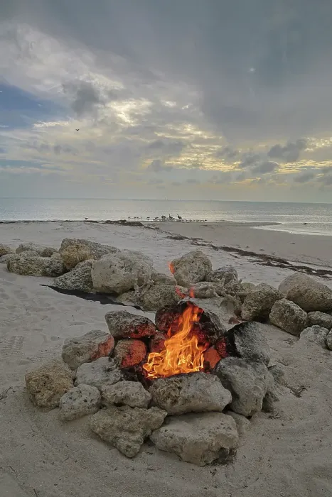 Framed Print : USA, Florida. Campfire on the beach