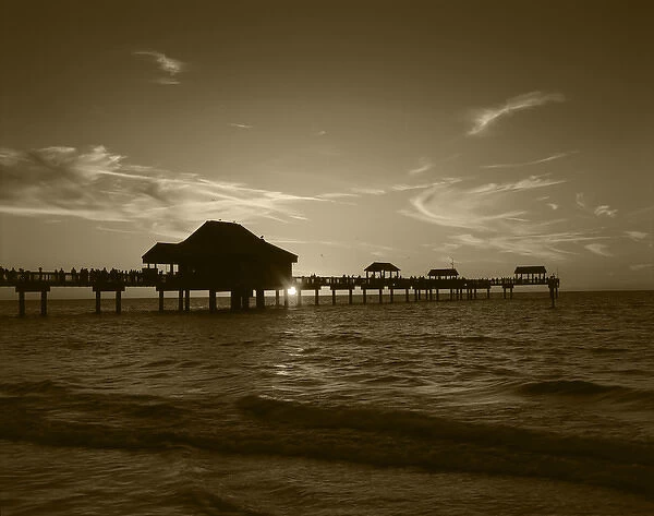USA, Florida, Clearwater beach and pier at sunset