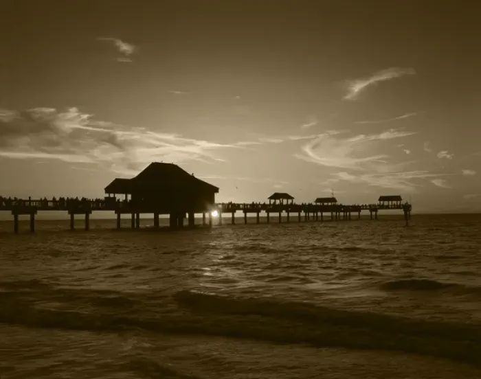 Framed Print : USA, Florida, Clearwater beach and pier at sunset