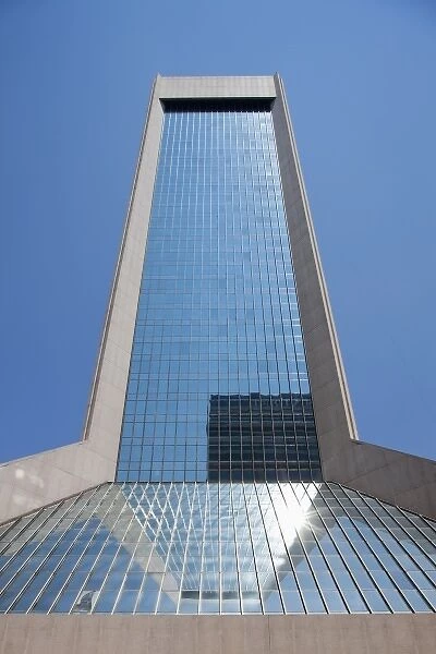 USA, Florida, Jacksonville, Clear blue sky reflected off glass office tower in downtown