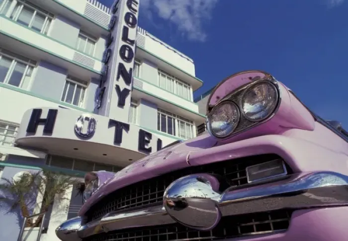 Framed Print : USA, Florida, Miami. 50s car on South Beach