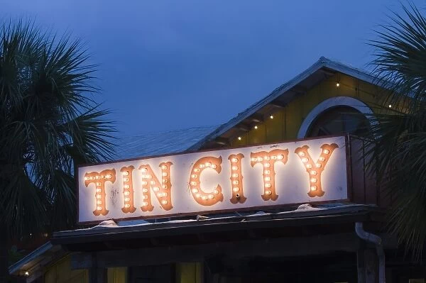 USA, Florida, Naples: Sign for Tin City, former oyster processing plant, now a harborside