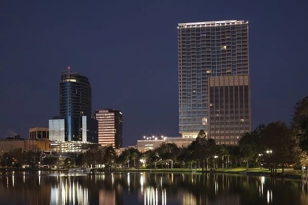 USA, Florida, Orlando, skyline from Lake Eola, dawn
