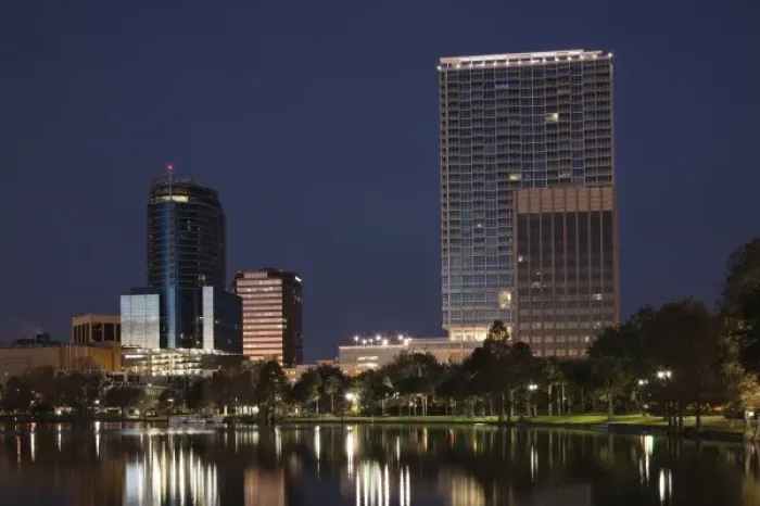 Framed Print : USA, Florida, Orlando, skyline from Lake Eola, dawn Framed Print : USA, Florida, Orlando, skyline from Lake Eola, dawn
