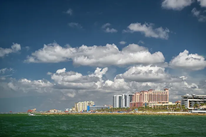 Framed Print : USA, Florida, St. Petersburg. Hotels lining the intercoastal waterway against green and blue crystal clear water Framed Print : USA, Florida, St. Petersburg. Hotels lining the intercoastal waterway against green and blue crystal clear water