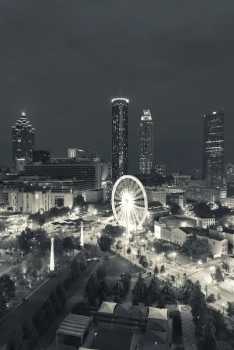 Framed Print : USA, Georgia, Atlanta, Centenial Olympic Park, elevated city view with ferris wheel, dusk Framed Print : USA, Georgia, Atlanta, Centenial Olympic Park, elevated city view with ferris wheel, dusk