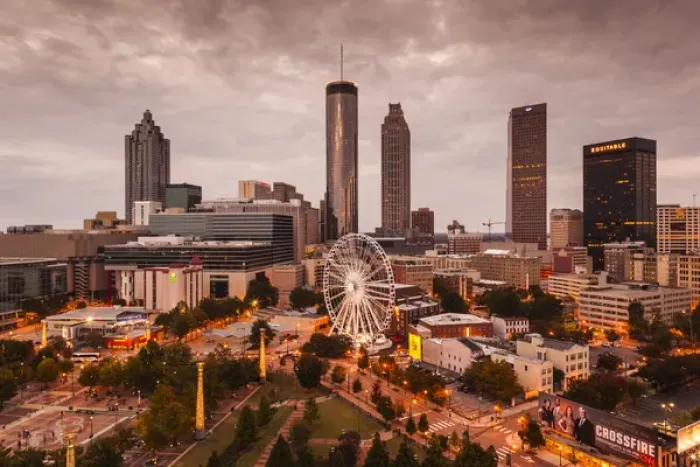 Framed Print : USA, Georgia, Atlanta, Centenial Olympic Park, elevated city view with ferris wheel, dusk