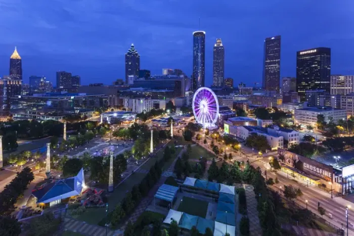 Framed Print : USA, Georgia, Atlanta, Centenial Olympic Park, elevated city view with ferris wheel, dusk Framed Print : USA, Georgia, Atlanta, Centenial Olympic Park, elevated city view with ferris wheel, dusk